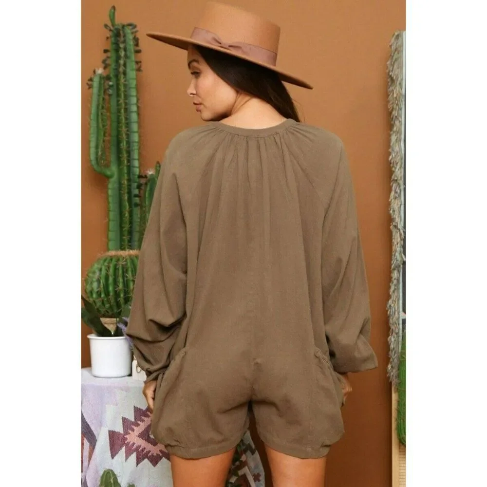 FANTASTIC FAWN Clothing Olive Romper Jumpsuit Oversized Pockets IFR51689-01 New - Picture 5 of 5